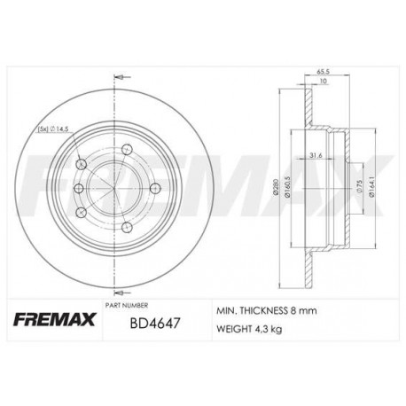 DISCO FRENO POSTERIORE BMW SERIE 1 E81 E87 - FREMAX BD4647 - ATE 410314 - 34216764647 - 34216855001
