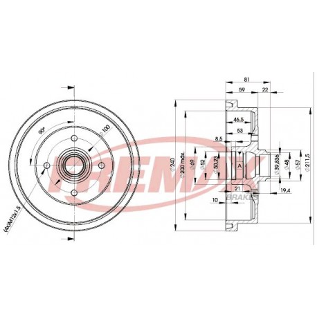 TAMBURO FRENO AUDI 80 COUPE' TOLEDO IBIZA CORDOBA AROSA GOLF JETTA CADDY - FREMAX BD1512 - 191501615A - 841501615A